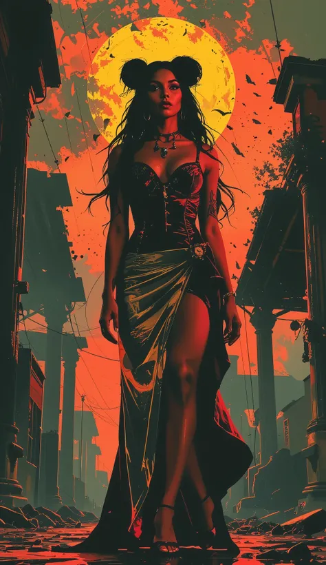 Impressionist surrealism, photo-realistic bizarre portrait of a beautiful, majestic caucasian half-Black lady—graceful yet an outcast, radiating eldritch aura and supernatural mystery. Deep golden-brown skin glows with lifelike detail. She stands in a dram...