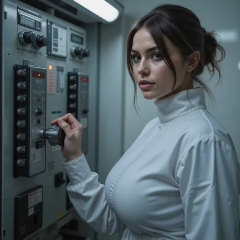 Masterpiece photo, photorealistic close up portrait of beautiful slim young fully clothed (((fullbreasted))) sadistic female doctor (((looking into camera))) strict, at electricgenerator in wall, hand on very large switch close up in electroexperiment, rea...