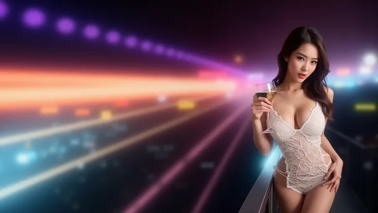 ((photo-realistic)), a sexy large-breast:1.1 Japanese woman, facing camera, cleavage, (((side boob))), hip up, slim face, slim:0.1 body, well-lit face, (((sexy thigh, super hot short:0.1 lace dress))), drinking wine, opened legs, balcony, well-lit:1.2, dig...