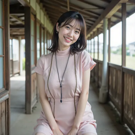 『A Japanese woman:1.3』『raw photo:1.3』top quality:1.2、normal woman who isn't beautiful、Country-smelling 、(Saggy Chest、narrow waist:1.2))、((35 year old woman))、not wearing makeup『is showing her teeth and laughing:1.2』、(((Anatomically Correct、perfect anatomy、...