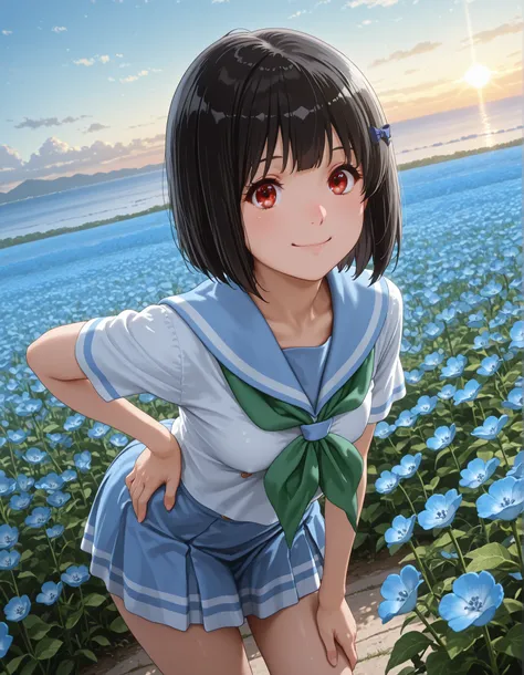 from side,masterpiece, best quality, amazing quality, detailed background, 1girl, looking at viewer, hand on own hips,((hisaishi kanade, short hair, black hair, red eyes, small breasts )) ,((Kitauji High School Uniform)), ((a blue skirt))、shortsleeves、The ...