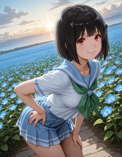 from side,masterpiece, best quality, amazing quality, detailed background, 1girl, looking at viewer, hand on own hips,((hisaishi kanade, short hair, black hair, red eyes, small breasts )) ,((Kitauji High School Uniform)), ((a blue skirt))、shortsleeves、The ...