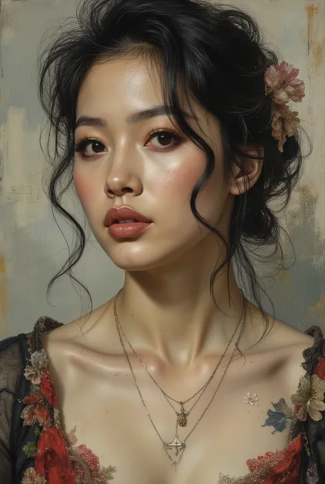"Yoshito Gang Sei" is a stunning woman with deep cleavage, her story rooted in a tumultuous world. The hyperrealism painting captures every intricate detail of her features, from the tender curve of her lips to the delicate freckles on her skin. Vibrant co...