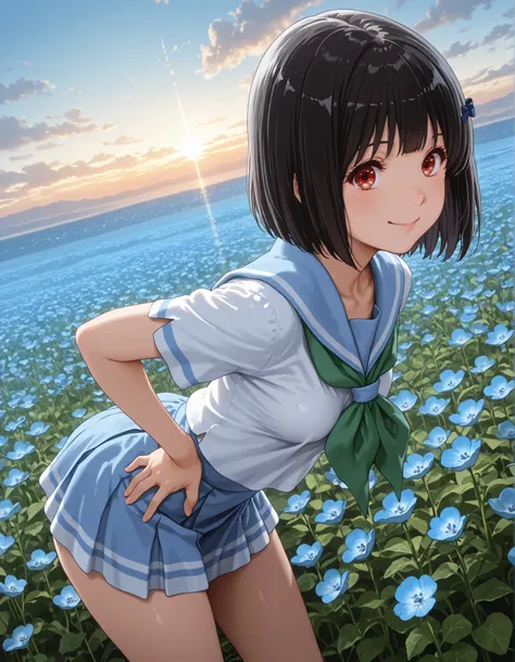 from side,masterpiece, best quality, amazing quality, detailed background, 1girl, looking at viewer, hand on own hips,((hisaishi kanade, short hair, black hair, red eyes, small breasts )) ,((Kitauji High School Uniform)), ((a blue skirt))、shortsleeves、The ...