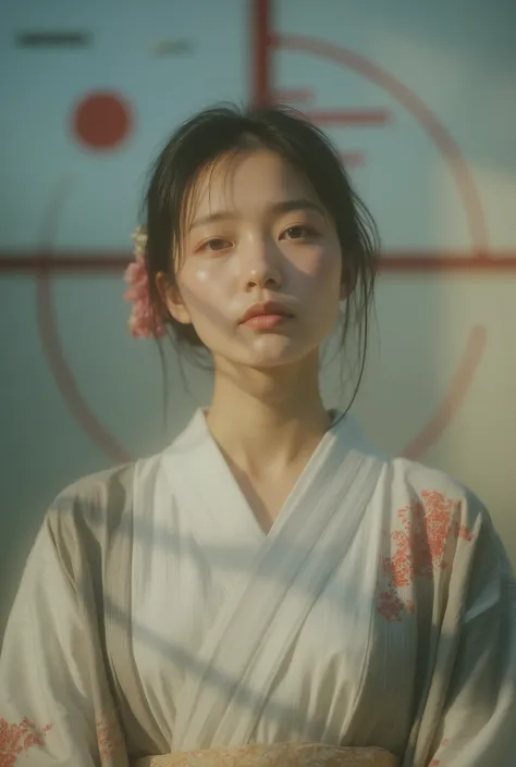 portraits have、against a bold red circular background with 3 black horizontal lines crossing a circle、— 4K ultra-high definition depiction. the woman wears a gray and white striped kimono, including traditional Japanese hair ornaments. The subject is frame...