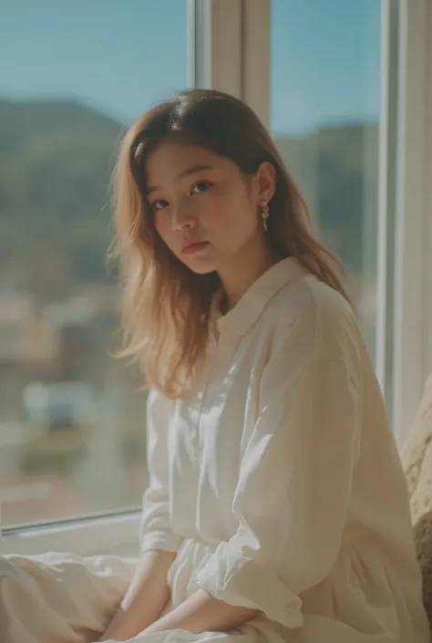 girl sitting on a couch near a big window, afternoon light on her face, iPhone style casual snapshot, eye level framing, soft shadows, natural warm colors, looks like a real phone photo, no cgi, no 3d render, no illustration, no anime, no extreme bokeh