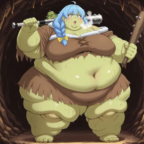 aparida rain, long hair, bangs, green eyes, blue hair, yellow eyes, braid, ahoge, hair bow, grey eyes, single braid, yellow bow, braided ponytail, mature female, Becoming a orc, monster, Orc, Female Orc, green skin, tusks, Orc, fangs, 1girl, fur, rags, bro...