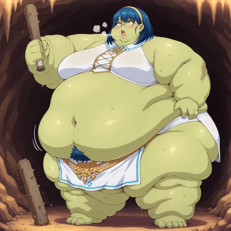 Umin, full body, medium hair, blue hair, bangs, yellow eyes, yellow hairband, round eyewear, glasses, small breasts, Becoming a orc, monster, Orc, Female Orc, green skin, tusks, Orc, fangs, 1girl, fabric clothes, loincloth, blank_stare, empty_stare, fat, ...