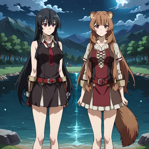 Two women standing by a lake illuminated by the moon.
Akame (akame ga kill) she appears with her smooth and loose black hair, Red Eyes brillantes, figura slender y pechos grandes; smiles with calm but intense joy. Do you wear your usual outfit
At her side ...