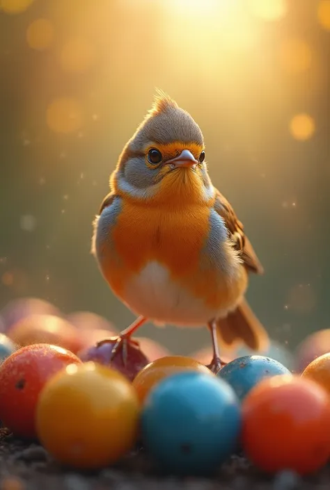 A charming close-up of a beautiful little bird illuminated by the soft, golden light of a calm morning, with vibrant bouncy balls effortlessly forming their delicate shape..