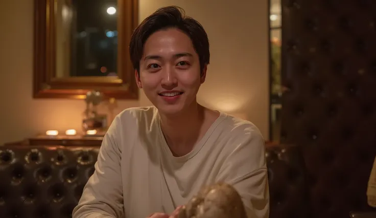 “A handsome Japanese man sitting on a luxurious chair and facing the camera. He has a gentle, warm, and charming expression that makes him look popular and approachable. Center-part hairstyle, wearing a slightly open, subtly sensual white dress shirt. The ...