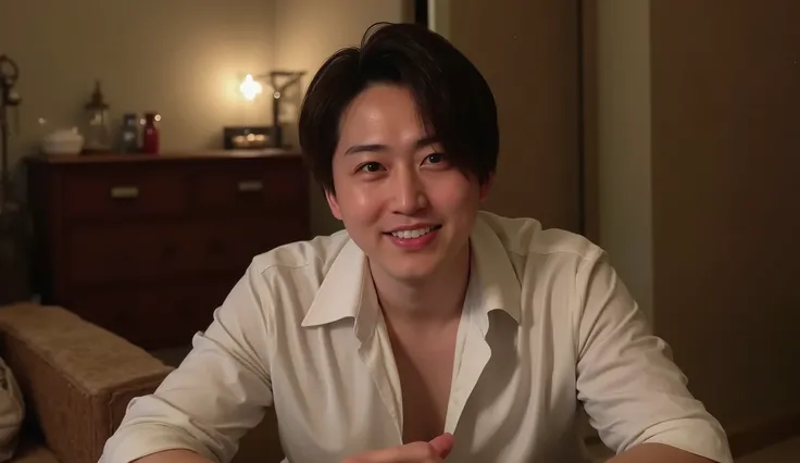 “A handsome Japanese man sitting and facing the camera. He has a gentle, warm, and charming expression that makes him look popular and approachable. Center-part hairstyle, wearing a slightly open white dress shirt with a subtle sensual vibe. The atmosphere...