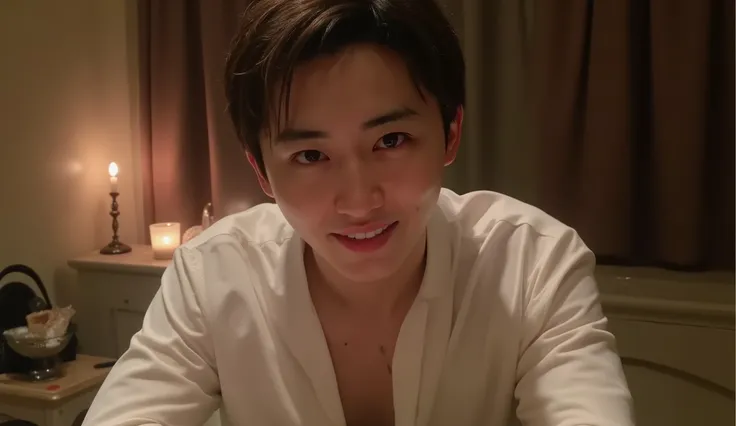 “A handsome Japanese man sitting and facing the camera. He has a gentle, attractive, and slightly seductive expression that makes him look charming and popular. Center-part hairstyle, wearing a subtly sensual, slightly open white dress shirt. The scene is ...