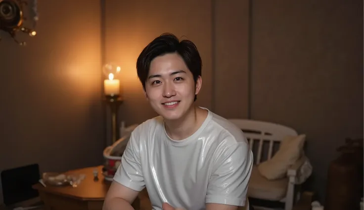 “A handsome Japanese man sitting and facing the camera. He has a soft, attractive expression that looks kind and charming. Center-part hairstyle, clean features, wearing a white glossy shirt with a gentle sheen. The atmosphere is moody and slightly dim, bu...