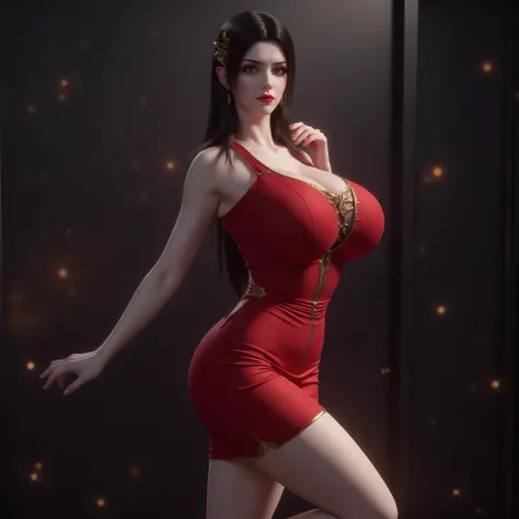Photorealistic full body image of an athletic mature woman with long black hair, wearing a form-fitting red dress that highlights her muscular legs and wide hips, standing elegantly with one leg raised and knee bent, high heels, bare shoulders, dramatic li...