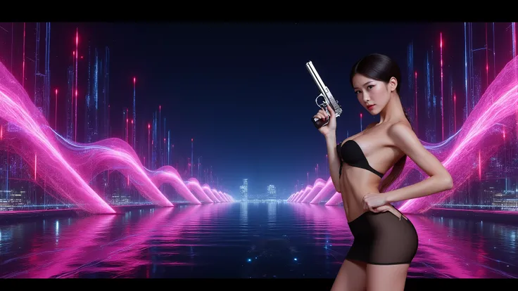 ((photo-realistic)), a sexy large-breast:1.1 Japanese woman, facing camera, cleavage, (((side boob))), hip up, slim face, slim:0.1 body, well-lit face, (((sexy-thigh:1.1, super hot short:0.1 lace transparent dress))), (((aiming with a short:0.1 pistol, bal...