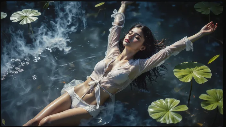 Surrealism:1.5, Bokeh, A redhead sweaty, wet and smiling model with mini breasts, flat chest, bigger muscular butt and wider hips with a gap between her thighs. A serene scene of a woman submerged in a tranquil pond, surrounded by lush green lily pads. The...