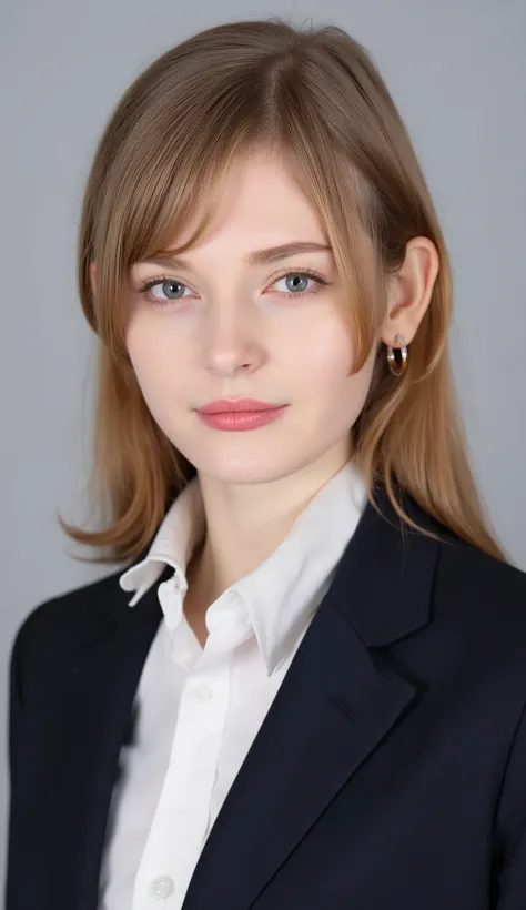 Passport photo of a neat young woman、facing directly、camera list、office lady suit、jacket、shirt、、、ear piercings、前髪あり、、無表情、、、has closed its mouth、face close-up、grey background

