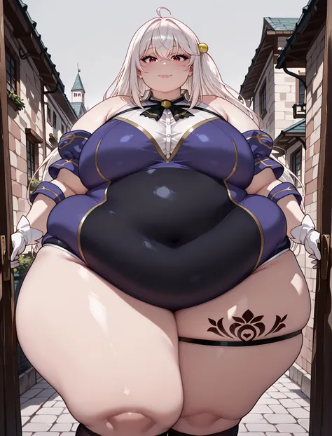 (masterpiece) ,best quality,amazing quality,very aesthetic,absurdres,newest, anime style, BREAK Ninym_Ralei, solo, standing, town, smile, looking at viewer, (((oversized gigantic stomach)), curvy, large breasts, lips, plump, thick thighs, thigh, grey backg...
