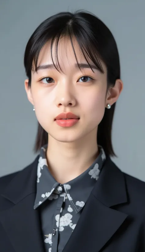 Passport photo of a neat young woman、facing directly、camera list、office lady suit、jacket、shirt、、、ear piercings、前髪あり、髪型セミロング、、、無表情、、、has closed its mouth、face close-up、grey background
