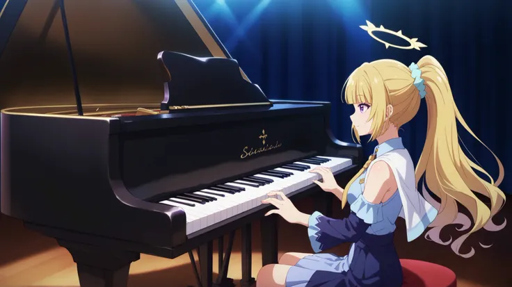 masterpiece, best quality, very aesthetic, score_9, score_8_up, score_7_up, solo, 1girl, keikaruizawa, kei karuizawa, long hair, bangs, blunt bangs, blonde hair, hair ornament, violet eyes, ponytail, scrunchie, blue scrunchie, one side up, medium breasts, ...