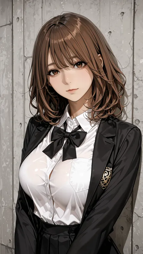 The golden ratio, Proper Configuration, Beautiful illustrations by, 1.Woman, バストupの画角, Beautiful Japanese Woman, close-up, 表情のクローズup, teen, brown eyes, I applied it to my wavy hair, brown hair, medium haired, School Uniform, White Dress Shirts, black loop ...