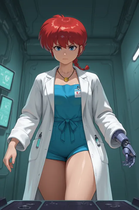 Ranma Saotome. red hair. blue eyes. braid. small breasts. wide hips. necklace. black eyeliner. pink manicure. |  Cyberpunk doctor female, repairing robotic arm prosthesis, professional medical uniform, white lab coat over blue scrubs, no transparency, cybe...