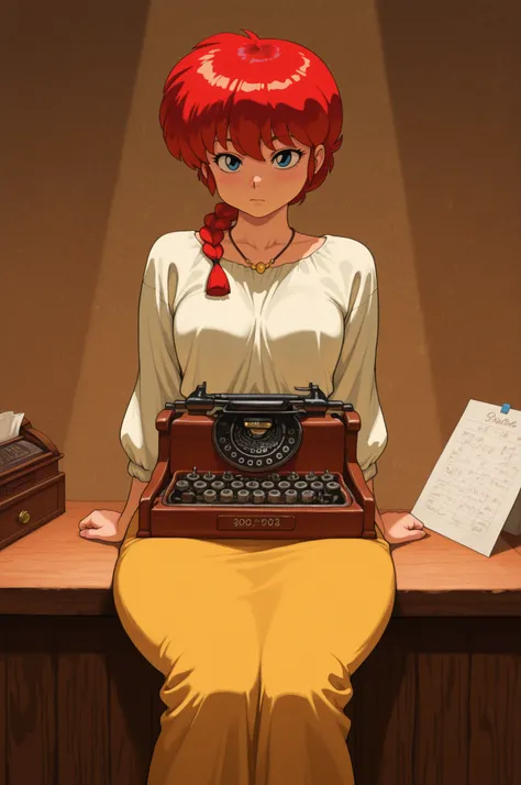 Ranma Saotome. red hair. blue eyes. braid. small breasts. wide hips. necklace. black eyeliner. pink manicure. | Small town post office interior, vintage postal theme, warm natural lighting, early evening atmosphere, wooden furniture, old-fashioned mailbox...