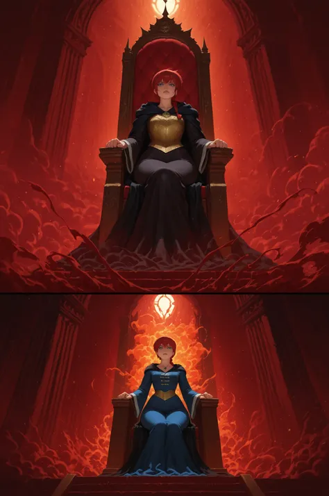 Ranma Saotome. red hair. blue eyes. braid. small breasts. wide hips. necklace. black eyeliner. pink manicure. | Epic fantasy battle scene, Game of Thrones meets Jujutsu Kaisen, medieval castle throne room setting, powerful sorcerers in traditional jujutsu ...