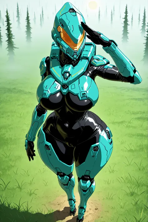 best quality , 8k , ultra-HD , high detail , (anime coloring, anime screencap:1.5) ,1girl, power armor, bodysuit,outdoor, green fiel, cold eviroment, green trees, sun, daylight, standing in green grass,cold, fog,  from above, from the side, full body shot,...
