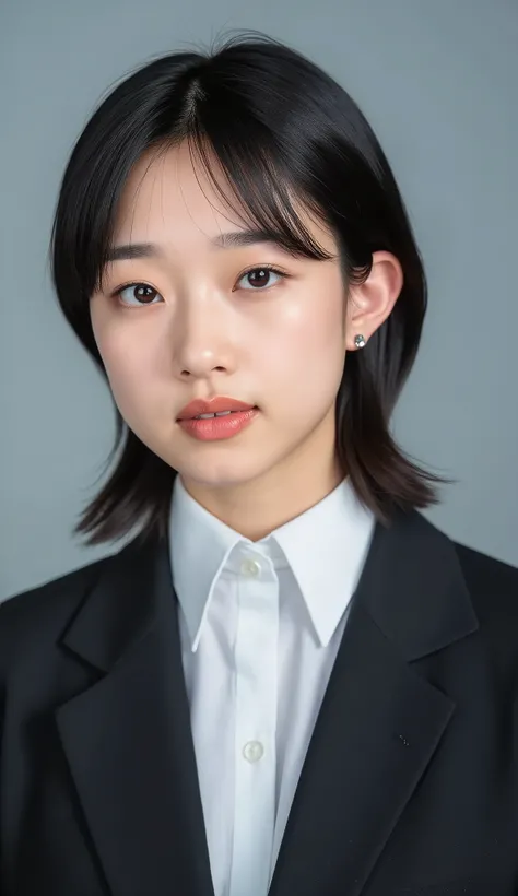 Passport photo of a neat young woman、facing directly、camera list、office lady suit、jacket、shirt、、、ear piercings、前髪あり、髪型セミロング、、、無表情、、、has closed its mouth、face close-up、grey background
