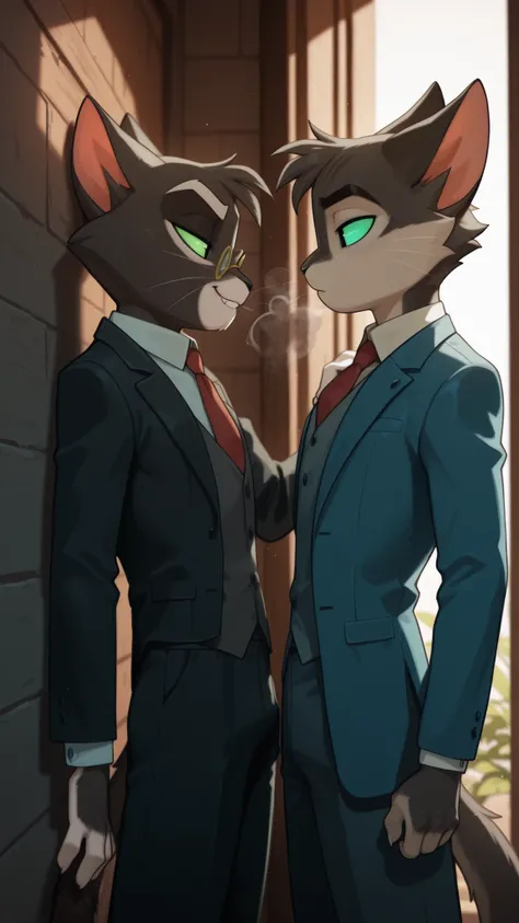 Mordecai Heller, looking at another anthro cat, sexy smile, steam from his mouth, black and white fur, green sclera, black eyes, pince-nez