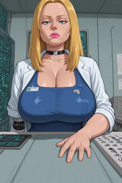 Francine Smith, looking at viewer, pink lipstick, choker, Blonde hair, huge saggy breasts. long hair. blonde hair, |   Cyberpunk doctor female, repairing robotic arm prosthesis, professional medical uniform, white lab coat over blue scrubs, no transparency...
