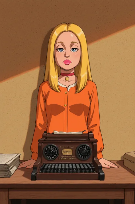 Francine Smith, looking at viewer, pink lipstick, choker, Blonde hair, small breasts. long hair. blonde hair, |  Small town post office interior, vintage postal theme, warm natural lighting, early evening atmosphere, wooden furniture, old-fashioned mailbox...