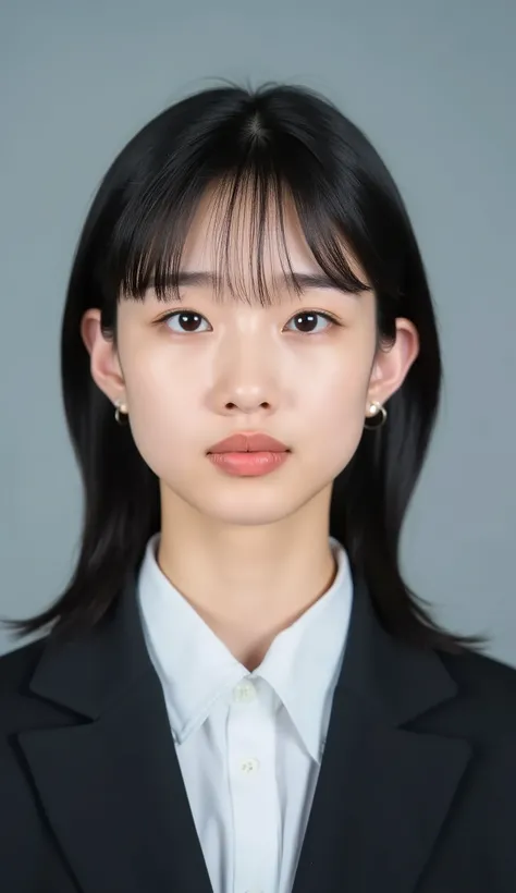 Passport photo of a neat young woman、facing directly、camera list、office lady suit、jacket、shirt、、、ear piercings、前髪あり、髪型セミロング、、、無表情、、、has closed its mouth、face close-up、grey background
