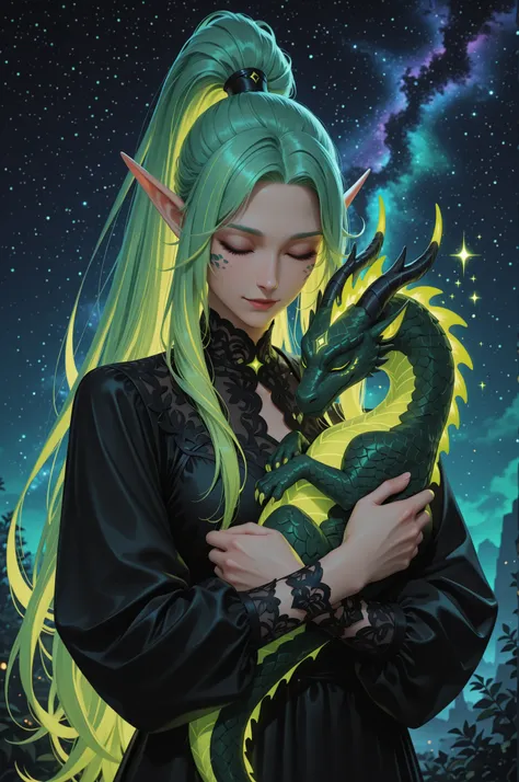(Elf woman:1.2), long neon green hair in a high ponytail, pointed ears, wearing a black dress, (detailed clothing:1.2), (accessories:1.1), (closed eyes:1.2), gentle expression, holding a small glowing green dragon, (detailed facial features:1.3), center fr...