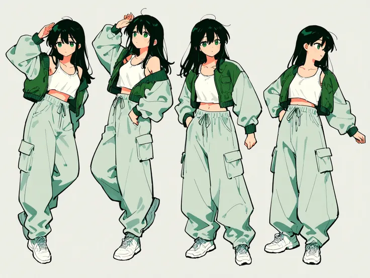 One anime girl, black long hair, green eyes wearing a white tank top layered under a cropped bomber jacket, baggy pants, and white sneakers, dancing in the street
