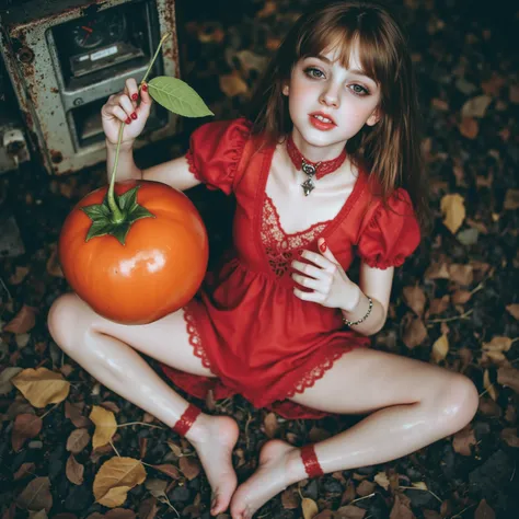 (((at SFW))), (Acutance:0.88), ExtremelyDetailed Dumped a beautiful detailed porcelain Little doll, Lying FullBody in FIBC, (Buried in Autumn Fallen Leaves:1.37), exquisite detailed face, soft innocent expression, Elaborate lace knitted red NightWear, Pano...