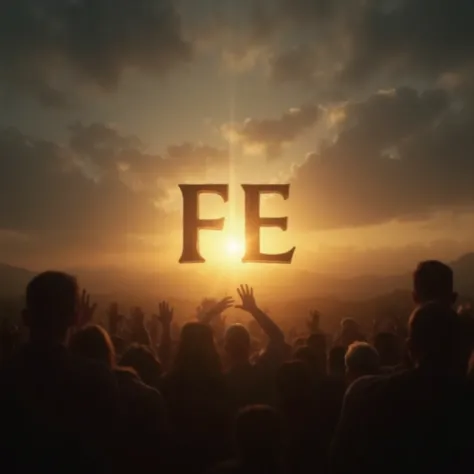 ” for Banner FE channel.TV.official en español latino. modern style, cinematic and minimalist, with epic sunset landscape background, modern gray tones with soft gold details. Incorporate warm light behind the FE logo.TV.official, without traditional relig...