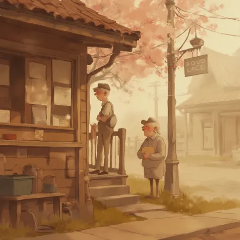 a digital illustration of,in the style of adilson-farias,An old male post office worker who is petite and has a friendly atmosphere、not wearing a vintage uniform carefully、Put on a uniform cap、small country town、small wooden post office、 in the morning fog...