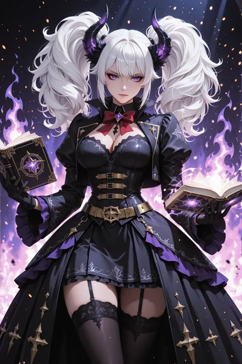 1girl, fantasy mage girl, white hair, twin tails hairstyle, fluffy voluminous hair, black glittered horns, Gothic mage style dress, black glittered jacket, black ribboned corset, golden belt, magical emblem, red bowtie, black gloves, thigh-high stockings...