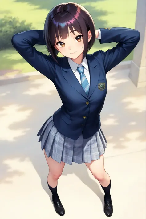 Beautiful School Girls,shirt,necktie,Plaid Skirt,dark haired,inverted bob,uniform,((arms behind head)),Smile,4 fingers,anime style,high definition,High Quality,has a shallow depth of field,extremely fine,Colored pencil drawing,full body shot,リアルなuniformデザ...