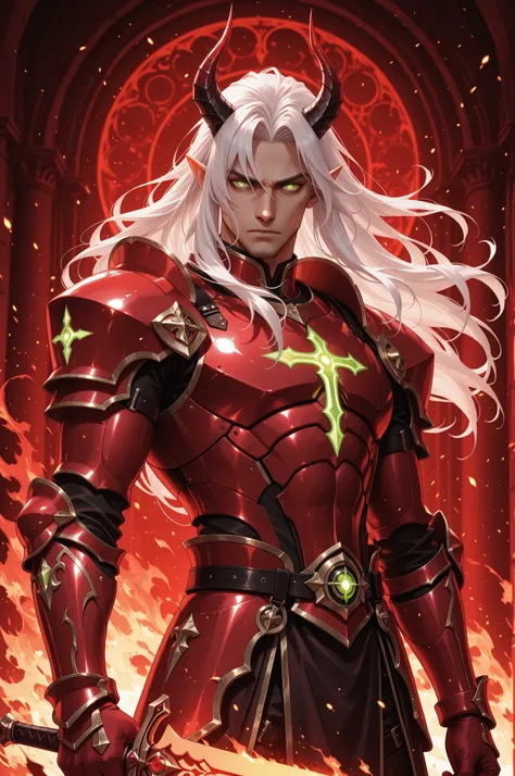 (masterpiece:1.2),best quality,highres,extremely detailed CG,perfect lighting,8k wallpaper,anime,comic,game CG,solo,horns,long hair,white hair,light skin,one purple eye and one green eye,glowing time sword,pointy ears,floating hair,1boy,adult male,crimson ...