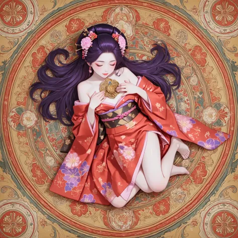  kimono toddler girl, big head, baby-like face, infant body shape, white skin, short limbs, (((dark long reddish-purple long hair))) (((ツインテールヘアー))) ((big eyes)) (((close eyes))) gold, silver and floral hair ornament, full body, dewy skin, naked,
BREAK,
(J...