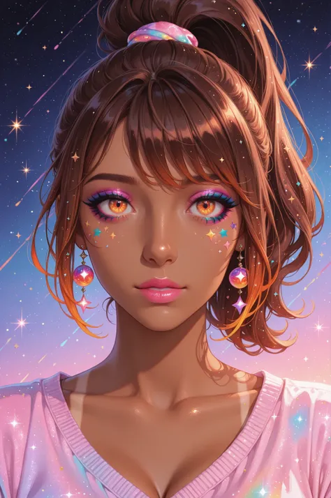 1girl, tan skin, brown hair, bright jeweled amber eyes, pink lips, hair in high ponytail, wearing cute mix matched rock outfit, colorful makeup, eyeshadow, lots of colors, stars, scribbles, glitter, soft, pastel, colorful, detailed, details, masterpiece, h...