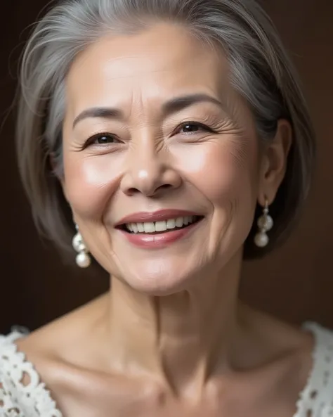 Japanese mature woman, solo, seductive aura, sensual expression, elegant and confident, soft lighting, visible wrinkles around eyes and mouth, natural aging signs, age 80s, realistic skin texture, slight sagging skin, high detail, photorealistic, studio po...