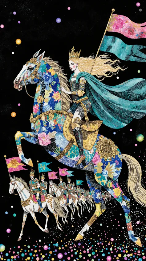 picture book art,A stylized depiction of a decorated horse and rider against a stark black background. The horse, rendered in a illustration and realistic collage style fashion, showcasing a variety of vibrant floral and patterned fabrics in shades of blue...