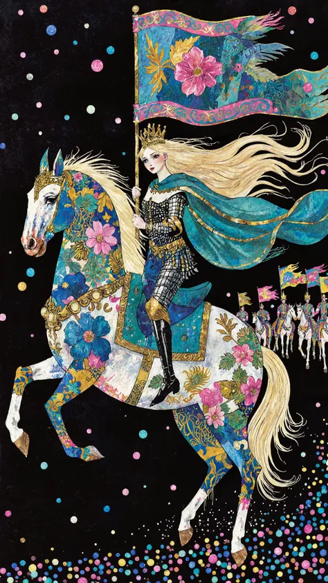 picture book art,A stylized depiction of a decorated horse and rider against a stark black background. The horse, rendered in a illustration and realistic collage style fashion, showcasing a variety of vibrant floral and patterned fabrics in shades of blue...