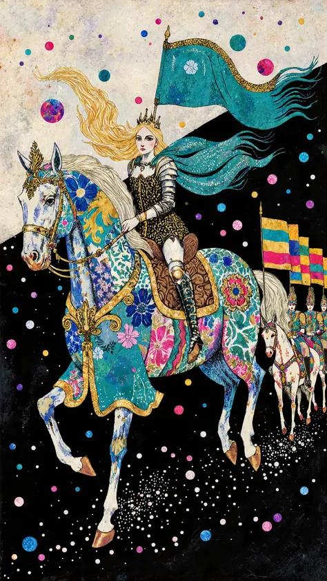 picture book art,A stylized depiction of a decorated horse and rider against a stark black background. The horse, rendered in a illustration and realistic collage style fashion, showcasing a variety of vibrant floral and patterned fabrics in shades of blue...