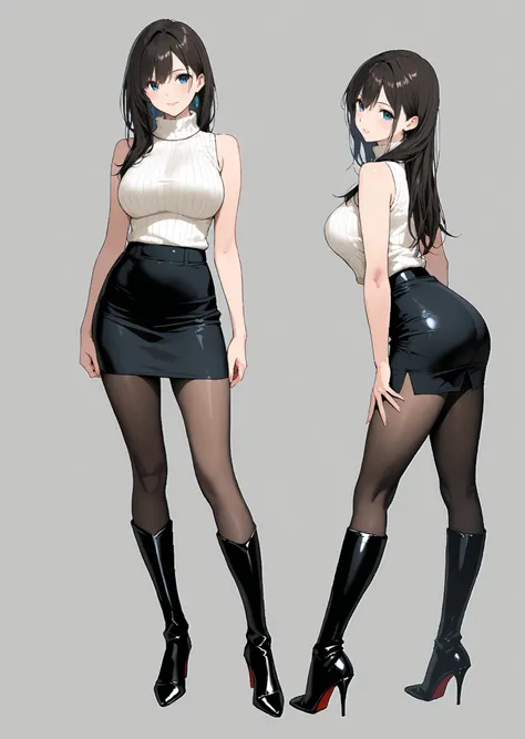 (inspired by ),(masterpiece, best quality),beautiful-woman, ((detailed face)),((detailed body)),(full body:1.3).
The woman is wearing sleeveless turtleneck sweater and pencil-skirt with pantyhose ,((black knee-length-boots with high-heels :1.5.)),